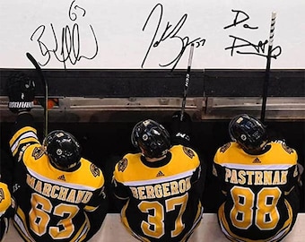 Patrice Bergeron Brad Marchand David Pastrnak Boston Bruins Signed Photo Autograph Print Poster Wall Art Home Decor