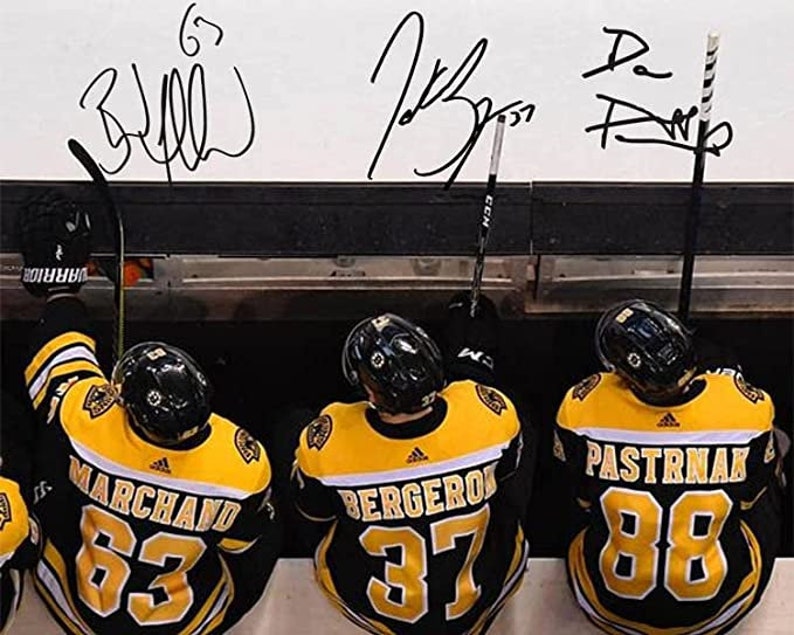 Patrice Bergeron Brad Marchand David Pastrnak Boston Bruins Signed Photo Autograph Print Poster Wall Art Home Decor image 1