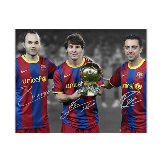 Lionel Messi Xavi Hernandez Andres Iniesta Signed Photo Print