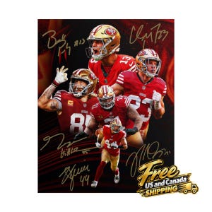 May include: A commemorative sports poster featuring five San Francisco 49ers football players in red and gold uniforms, including action shots and portraits. The image includes multiple gold ink autographs overlaid on a dark red background.