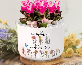 Personalized First Mom Now Grandma Ceramic Plant Pot, Custom Birth Flowers Plant Pot, Grandma's Garden Gift, Mother's Day Gift