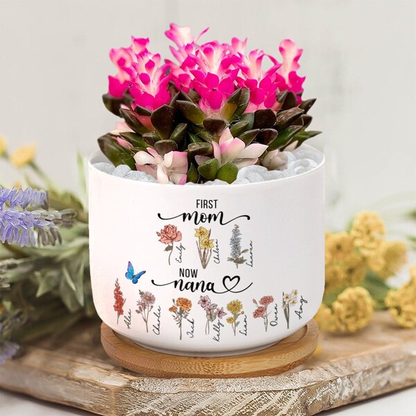 Personalized First Mom Now Grandma Ceramic Plant Pot, Custom Birth Flowers Plant Pot, Grandma's Garden Gift, Mother's Day Gift