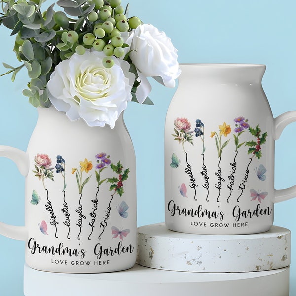 Custom Grandmas Garden Flower Vase, Personalized Birth Flower Flower Vase, Mother's Day Gift ,Gift for Grandma, Mother's Day Gift.