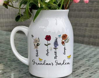 Custom Grandma's Garden Flower Vase, Personalized Birth Flower Grandkid Flower Vase, Gift with Kids names, Grandma Gift, Mothers Day Gift