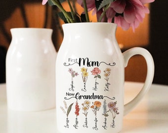 First Mom Now Grandma Gift, Custom Birth Month Flowers Grandma Vase, Custom Grandkid Name Flower Vase, Mothers Day Gift