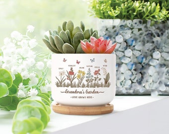 Personalized Grandma's Garden Ceramic Plant Pot, Custom Birth Flower Plant Pot, Mother's Day Gift, Grandma Gift From Grandkids