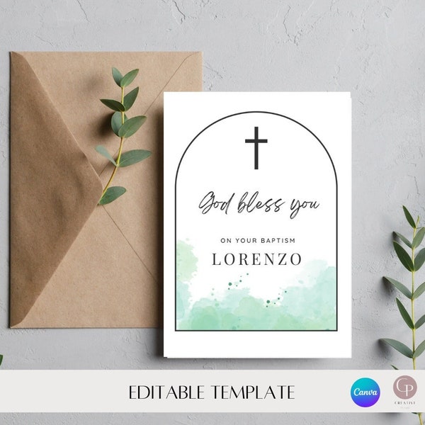 Printable baptism card, personalised baptism card, editable baptism card, digital template