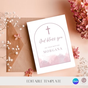 Cartão de batismo rosa para impressão, cartão de batismo personalizado, cartão de batismo editável, modelo digital