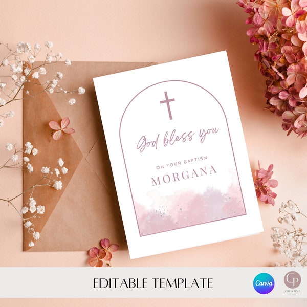 Printable Pink baptism card, personalised baptism card, editable baptism card, digital template