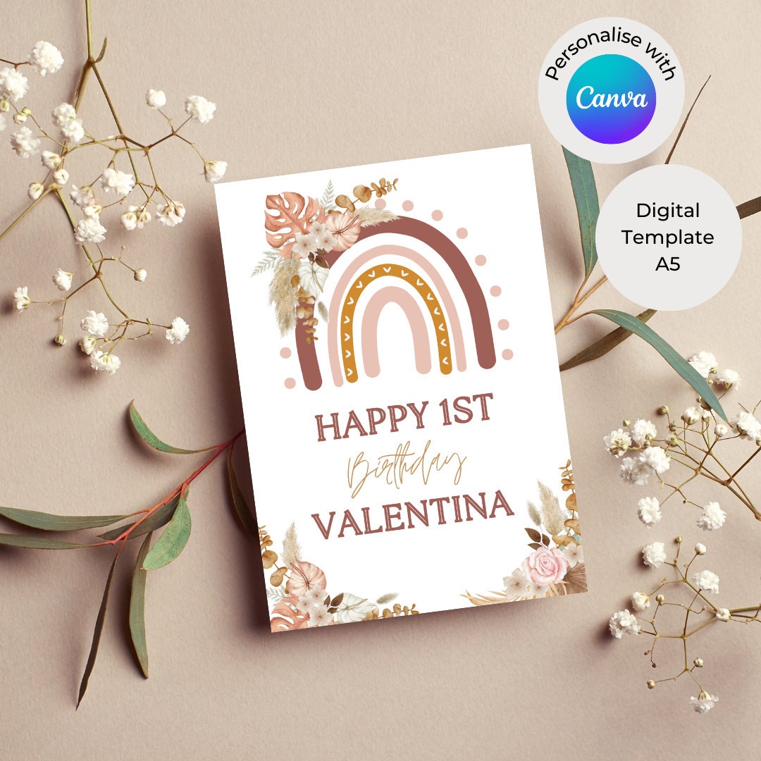 Printable Boho Birthday Card, Personalised Birthday Card, Editable