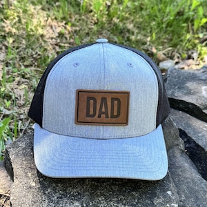 Dad Leather Patch Trucker Hat – Father’s Day Gift for Dad, Full Grain Leather Dad Hat, Snapback Trucker Cap - Personalizable