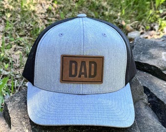 Dad Leather Patch Trucker Hat – Father’s Day Gift for Dad, Full Grain Leather Dad Hat, Snapback Trucker Cap - Personalizable