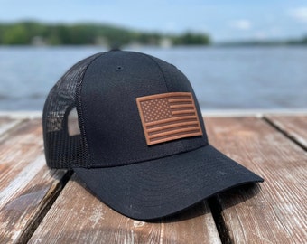 American Flag Leather Patch Trucker Hat - USA Flag - 6 colours available