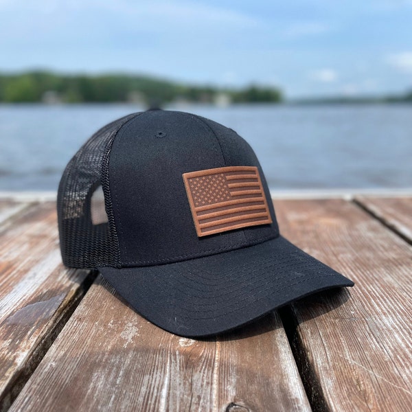 American Flag Leather Patch Trucker Hat - USA Flag - 6 colours available