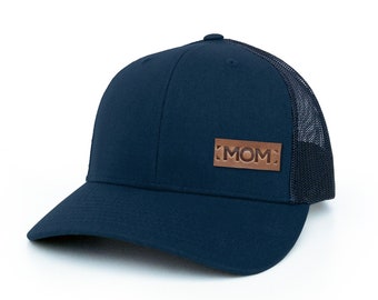 MOM - Leather Patch Trucker Hat - Small Text Patch, personalized text hat