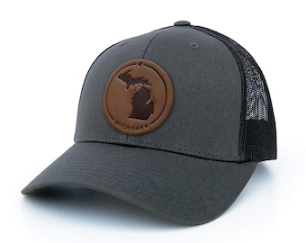 Leather Patch Trucker Hat - Michigan Map