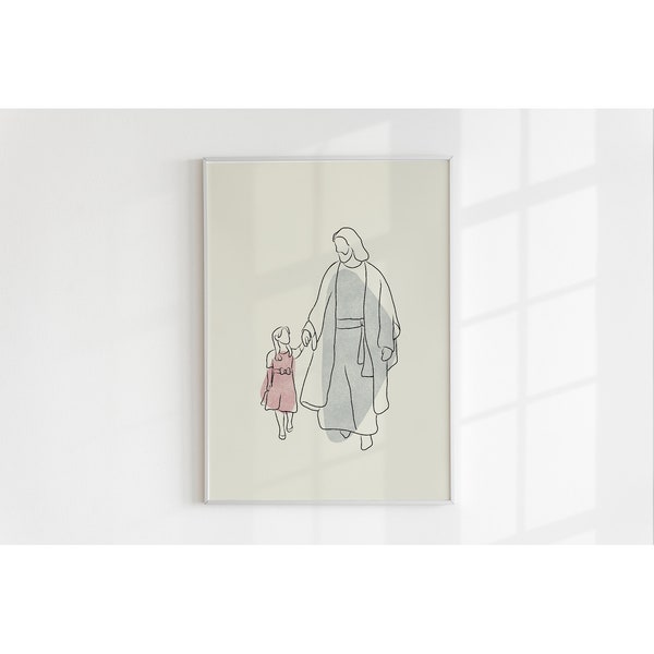 Jesus and girl, Digital Print, Minimalist, Home decor gift, Jesus loves Child,  Kid room, line art，Christian wall art, Christian wall art,