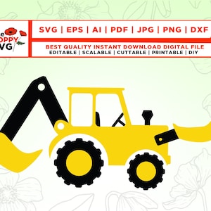 May include: A yellow and black excavator with a large scoop. The excavator is on a white background with a floral pattern.