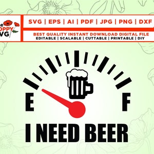Könnte beinhalten: Eine Schwarzweißillustration einer Tankanzeige mit einem Bierkrug oben. Der Zeiger zeigt auf leer, und der Text "I NEED BEER" befindet sich unter der Anzeige.
