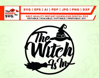 Die Hexe ist in svg, Halloween Türschild svg, Halloween Laser geschnitten Dateien, Halloween dxf, Cricut, Png, SVG, Halloween Türschild svg