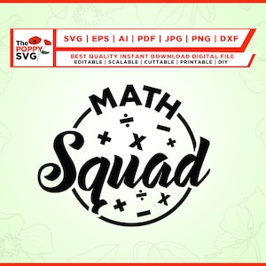 Könnte beinhalten: Schwarzweißes Grafikdesign mit dem Text "MATH Squad" in einem Kreis mit mathematischen Symbolen um den Außenbereich.