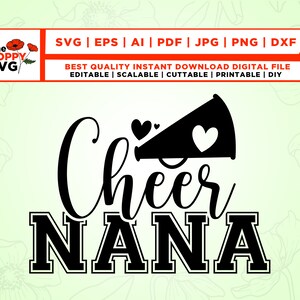 Pu&ograve; includere: Design digitale in bianco e nero con un megafono con cuori e il testo "Cheer Nana".