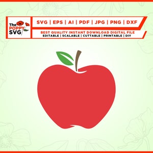 Puede incluir: Manzana roja con un tallo de hoja verde.  SVG | EPS | AI | PDF | JPG | PNG | DXF BEST QUALITY INSTANT DOWNLOAD DIGITAL FILE EDITABLE | SCALABLE | CUTTABLE | PRINTABLE | DIY