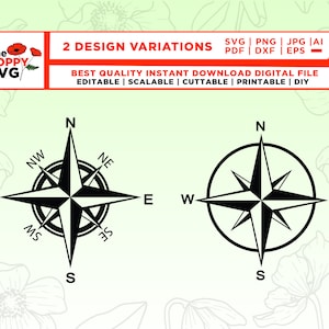 May include: Two black and white compass designs with the directions North, South, East, and West labeled. The compass on the left has a star shape with the directions labeled around the outside. The compass on the right has a circle around the star shape.