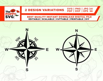 Rosa de los vientos SVG, Brújula SVG, Brújula náutica SVG, Png, Eps, Formatos PDF, Cricut, Silueta, Descarga instantánea, archivo de brújula, Vector Clipart