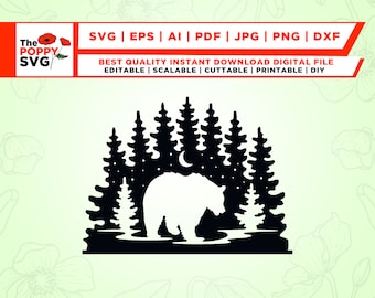 Bear svg, Grizzly Bear SVG, Cut Files for Cricut, Bear Silhouette SVG, Forest Bear svg, Bear Forest Moon svg, Wilderness, Bear in the Woods