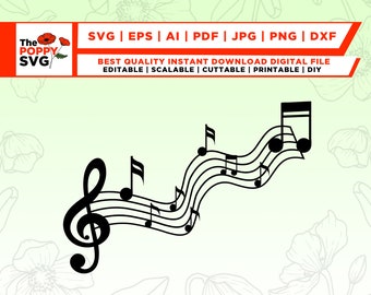 音楽ノート SVG、音楽 SVG、音楽ノート クリップアート、音楽クリップアート、音楽ベクター、Cricut の SVG ファイル、トレブル クレフ svg、即時ダウンロード、カット ファイル