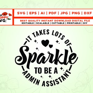 Könnte beinhalten: Schwarzweißes Grafikdesign mit dem Text "Es braucht viel Glanz, um ein Verwaltungsassistent zu sein". Der Text befindet sich in einem Kreis mit Herzen und Sternen.