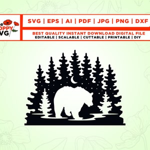 Bear svg, Grizzly Bear SVG, Cut Files for Cricut, Bear Silhouette SVG, Forest Bear svg, Bear Forest Moon svg, Wilderness