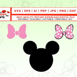 マウスヘッド SVG、弓 SVG、マウス SVG、マウスカットファイル、マウス弓 SVG、クリカットまたはシルエット用の即時ダウンロードデザイン、ベクタークリップアート、svg、png