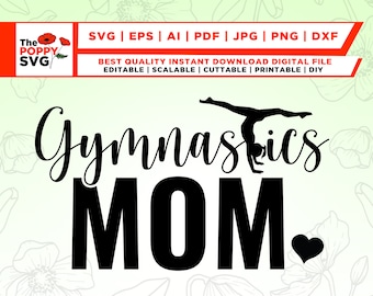 May include: Black and white silhouette of a gymnast performing a handstand on a bar with the text "Gymnastics MOM" in a black cursive font with a small black heart.