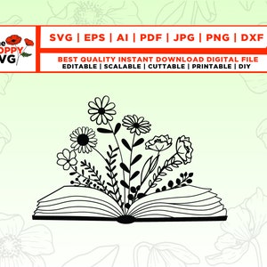 Livre floral SVG, Livre Svg, Livre avec fleurs Svg, Lecture Svg, Lire, Fleurs sortant d’un livre, Joli livre, Fleurs, Fleurs avec livre