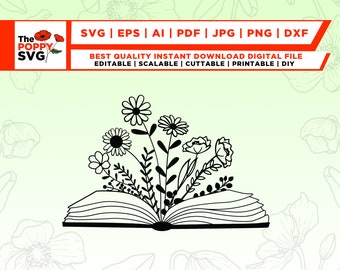 Può includere: Illustrazione in bianco e nero di un libro aperto con fiori che crescono da esso. Il libro è chiuso sul lato sinistro e aperto sul lato destro. I fiori sono semplici e stilizzati, con petali e foglie arrotondati. L'immagine è su uno sfondo verde chiaro.