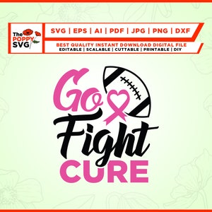 Puede incluir: Diseño gráfico en negro y rosa con un balón de fútbol y una cinta rosa. El texto dice "Go Fight Cure".