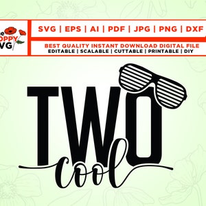 May include: Black and white graphic design with the text "TWO cool" and a pair of sunglasses on top of the "O".