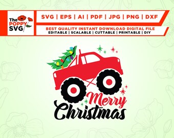 Christmas Truck and tree Svg, Merry Christmas Svg, Monster Truck Svg, Cricut, Png, Svg, sublimation, Christmas Kids Cut File Svg, Red