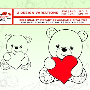 Valentine&#39;s Bear SVG, Bear SVG, Heart svg, Cricut Cut Files, Silhouette, Teddy Bear, Outline, Cute teddy bear PNG,Vector Clipart,png,dxf,eps