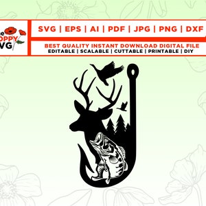 SVG de peixe, caça de veados, svg de pesca, baixo, anzol, cenário de pato SVG, PNG, JPG, fanfarrão, patos voadores, cenário de árvore, cricut, silhueta, vetor