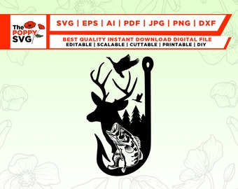 May include: Black and white silhouette of a deer, fish, and birds inside a fishing hook. The deer is in the background with its antlers pointing up. The fish is in the foreground with its mouth open. The birds are flying above the deer. The image is a digital file for cutting, printing, and crafting.