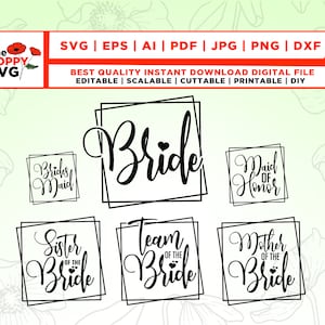 Könnte beinhalten: Ein Satz mit 6 schwarzen und weißen druckbaren SVG-Schneidedateien für eine Hochzeitsfeier. Der Text beinhaltet "Bride", "Bridesmaid", "Maid of Honor", "Sister of the Bride", "Team of the Bride" und "Mother of the Bride".