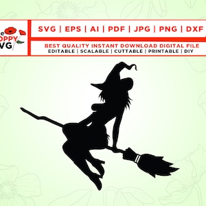 May include: Black silhouette of a witch riding a broom, wearing a pointed hat. The image is a digital file, with text indicating it is scalable, editable, and printable. The Poppy SVG logo is in the upper left corner.