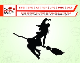 Witch on Broom Svg, Flying Witch, Halloween Svg, Flying Witch SVG, Wicked Witch Broomstick, Cricut, Cut, Png, Silhouette, Instant Download