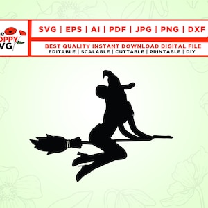 Flying Witch SVG, Witch on Broom Svg, Flying Witch, Halloween Svg, Wicked Witch Broomstick, Cricut, Cut, Svg, Silhouette, Instant Download