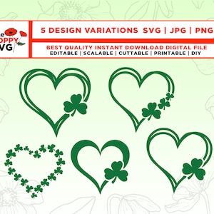 May include: Five variations of a green shamrock heart design. The shamrocks are in a heart shape, with some designs having the shamrocks around the heart and others having the shamrocks inside the heart.