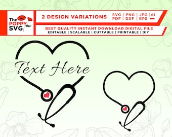 May include: Two design variations of a black stethoscope in the shape of a heart with the text "Text Here" inside the heart. The stethoscope has a small red heart at the end of the listening piece.