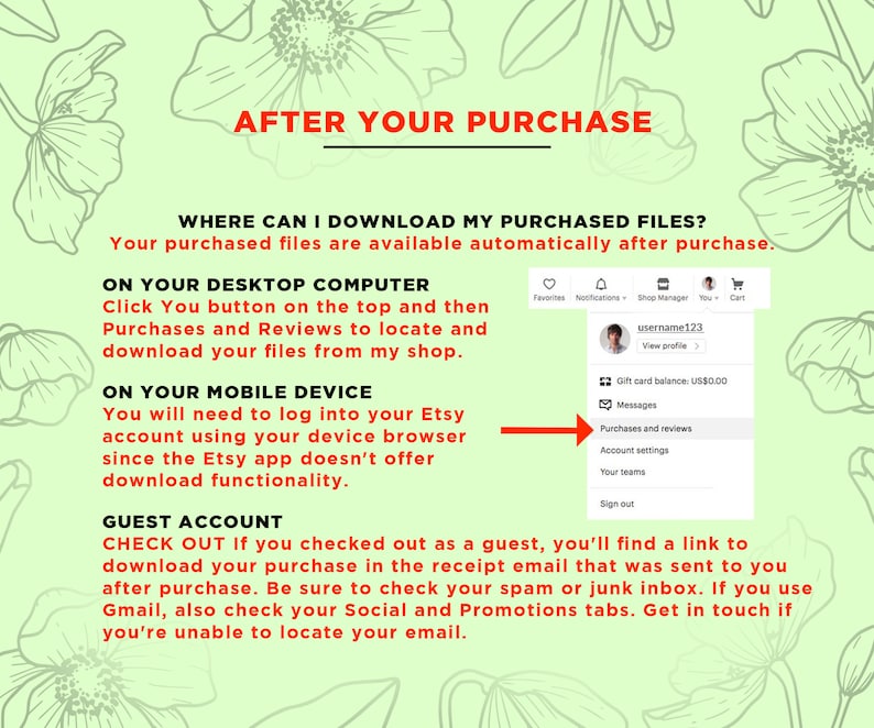 Op de afbeelding: Een groene en witte bloemenachtergrond met tekst die luidt "Na uw aankoop". De tekst legt uit hoe u gekochte bestanden kunt downloaden na een aankoop op Etsy. De tekst legt ook uit hoe u bestanden kunt downloaden op een desktopcomputer en een mobiel apparaat. De tekst legt ook uit hoe u bestanden kunt downloaden als u als gast hebt afgerekend.